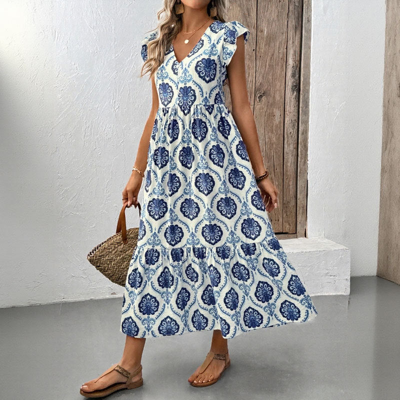 Vacation style loose deep V-neck printed long dress – Grow It Depot