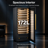 172 L net capacity interior with ten removable stainless steel shelves