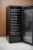 Cabinet open with shelves loaded on guide rails