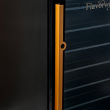 Close-up of the brass door handle and Flavorwise logo