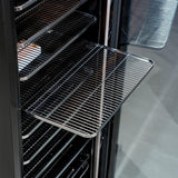 Removable stainless steel shelf pulled out on its rail