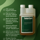 CedarCure organic pest control product with features listed on a green background