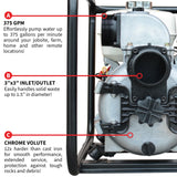 3 Inch Trash Water Pump 375 GPM 8 HP GX240 powered by Honda Portable Utility X-Series