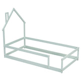 Twin Size Wood bed with House-shaped Headboard Floor bed with Fences,Light Green
