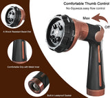 FANHAO Garden Hose Nozzle, 100% Heavy Duty Metal Water Hose Sprayer with 8 Spray Patterns, High Pressure Water Nozzle with Thumb Control, On Off Valve for Watering Plants, Washing Cars & Pets, Brown