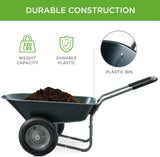 Best Choice Products Dual-Wheel Home Utility Yard Wheelbarrow Garden Cart w/Built-in Stand for Lawn, Gardening, Construction - Dark Gray