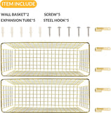 2 Sets Extra Large Hanging Wall Basket, Gold Metal Wire Baskets with Steel Hooks for Organizing, WallmountedFruit Vegetable Toy Snack Storage, Home Kitchen Bathroom Laundry Pantry Organizer