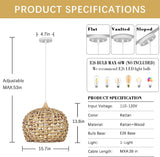 Boho Pendant Lights, 15.7" 1-Light Rattan Chandelier Hand-Woven Wicker Pendant Light with Water Hyacinth Shade, Coastal Dome Hanging Light for Dining Room Kitchen Island