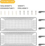 2 Sets Extra Large Hanging Wall Basket, Grey Metal Wire Baskets with Steel Hooks for Organizing, WallmountedFruit Vegetable Toy Snack Storage, Home Kitchen Bathroom Laundry Pantry Organizer