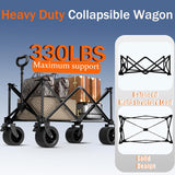 Collapsible Wagon Cart with Silent All-Terrain Wheels, Foldable Heavy Duty Beach Wagon with 330LB,Folding Cart with Cup Holders and Brakes for Camping, Garden,Shopping,Sports Black