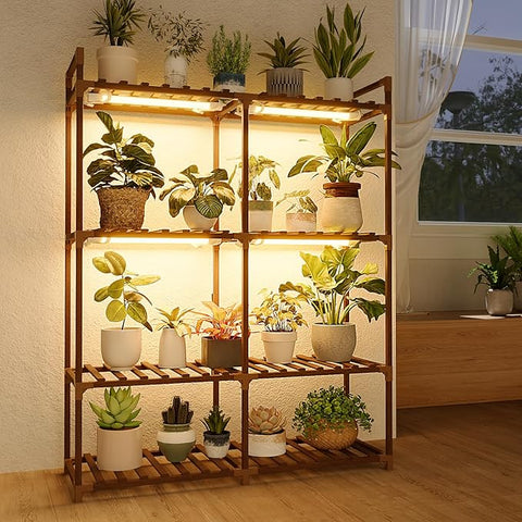 plant stand indoor for big plants Bamworld Plant Stand with Grow Lights for Indoor Plants Wood Plant She –  Grow It Depot