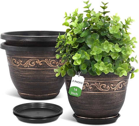 14 inch ceramic flower pot Plastic-Plant-Flower-Planters-14 Inch with Drainage Hole & Saucer, 3 P – Grow It Depot