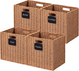 UBBCARE 4 Pack Wicker Basket, 10.5×10.5 Storage Cubes with Label, Foldable Cube Storage Bin with Handle, Square Storage Basket for Shelves, Woven Paper Rope Basket for Organizing, Caramel