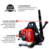 Cardinal 63.3cc Backpack Leaf Blower 675 CFM 196 MPH Gas Powered Professional Lawn Care Landscaping Yard Cleanup
