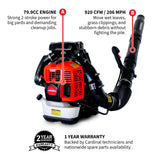 Cardinal 79.9cc Backpack Leaf Blower 920 CFM 206 MPH Gas Powered Professional Lawn Care Landscaping Yard Cleanup