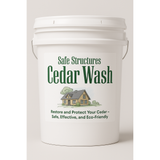 White bucket labeled 'Safe Structures Cedar Wash' on a white background