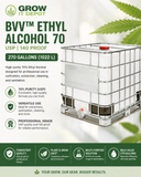 Container of BVV Ethyl Alcohol 70 with branding and product details on a white background.
