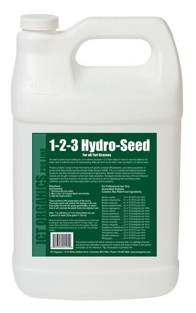 Gallon container of 1-2-3 Hydro-Seed on a white background
