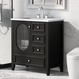 30" Bathroom Vanity with Sink, Bathroom Vanity Cabinet with Three Drawers and Door, Solid Wood and MDF, Black