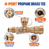 4 Port Brass Tee Propane Adapter - Flame King