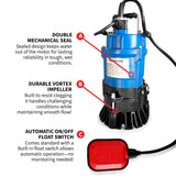 Tomahawk 1/2 HP Submersible Trash Pump, 66 GPM / 3960 GPH, 400W 2" Discharge Heavy-Duty Dirty Water Pump for Dewatering, Flooded Basements, Pits, Pools, Irrigation, and Construction Sites