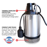Tomahawk 1 HP Submersible Trash Pump, 73 GPM / 4380 GPH, 750W with Automatic Float Switch Top-Outlet Heavy-Duty Stainless Steel Dirty Water 25-ft Power Cord High Flow for Dewatering, Flooded Basements, Pits, Pools, and Construction Sites