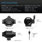 AC Infinity Automatic Booster Duct Fan Inline Fan w/ Pressure Switch