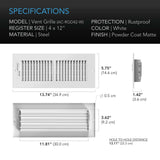 AC Infinity Register Ventilation Grille 4" x 12" White