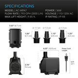 AC Infinity Submersible Water Pump, 10-Feet Lift Height, 792 GPH (3000 L/H)