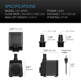 AC Infinity Submersible Water Pump, 5-Feet Lift Height, 396 GPH (1500 L/H)