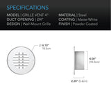 AC Infinity Wall Mount Duct Grille Vent White Steel 4-Inch