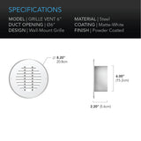 AC Infinity Wall Mount Duct Grille Vent White Steel 6-Inch