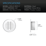 AC Infinity Wall Mount Duct Grille Vent, White Steel, 6-Inch