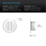 AC Infinity Wall Mount Duct Grille Vent White Steel 8-Inch