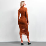 High neck mesh spliced long sleeved sexy hip hugging pleated dress