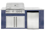 RCS 4-Burner 6-Foot Gas Grill Island with Rear Infrared Burner, Refrigerator, Access Door, Blue Cabinet & White Granite Countertop