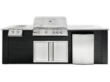 RCS 4-Burner 8-Foot Gas Grill Island with Rear Infrared Burner, Refrigerator, Double Side Burner, Access Door, Black Cabinet & White Granite Countertop