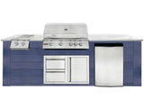 RCS 4-Burner 8-Foot Gas Grill Island with Rear Infrared Burner, Refrigerator, Double Side Burner, Access Door, Blue Cabinet & White Granite Countertop
