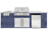 RCS 4-Burner 8-Foot Gas Grill Island with Rear Infrared Burner, Refrigerator, Double Side Burner, Access Door, Blue Cabinet & White Granite Countertop