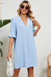 Solid color V-neck loose pleated five quarter sleeve dress for women