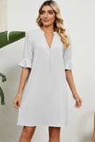 Solid color V-neck loose pleated five quarter sleeve dress for women