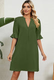 Solid color V-neck loose pleated five quarter sleeve dress for women