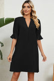 Solid color V-neck loose pleated five quarter sleeve dress for women