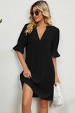 Solid color V-neck loose pleated five quarter sleeve dress for women