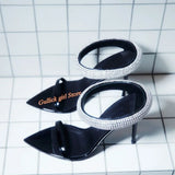 Top Quality Crystal Strap Stiletto Sandals Sexy Pointed Toe Black Patend Leather Slip On Fashion   Summer New Arrivals Shoes
