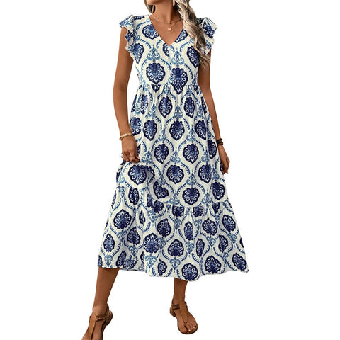 fitted lace wedding dress Vacation style loose deep V-neck printed long dress – Grow It Depot