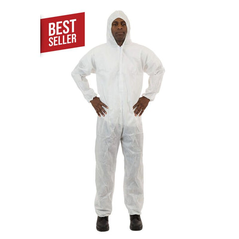 Enviroguard SMS White Coverall with Attached Hood, Elastic Wrist & Ankle - Size M - Case of 25