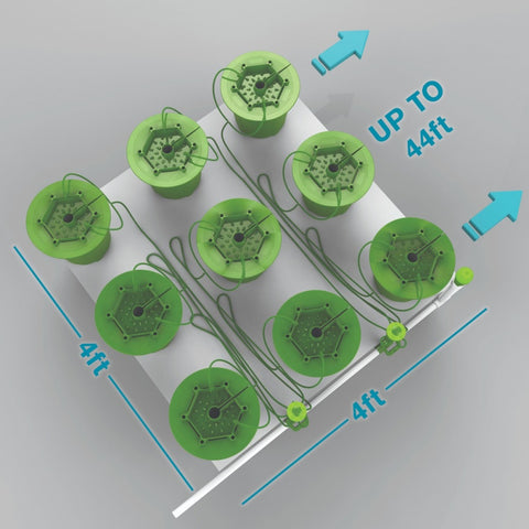 9 PLANTS PER 4'X4' - 3 GALLON POTPRO W/ BUBBLER/FLORACAP IRRIGATION (4'x28')