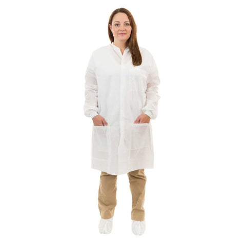 Enviroguard White SMS Lab Coat with 3 Pockets, Knit Wrists and Collar - Size L - Case of 30