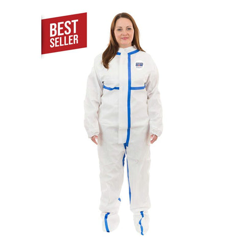 Enviroguard ViroGuard® 2,  White Coverall, Boot Only, Elastic Wrist, Elastic Ankle, Front Zipper with Storm Flap, Thumb & Finger Loops, Taped Seams, Mandarin Collar, Tape around Wrist - Size XL - Case of 25